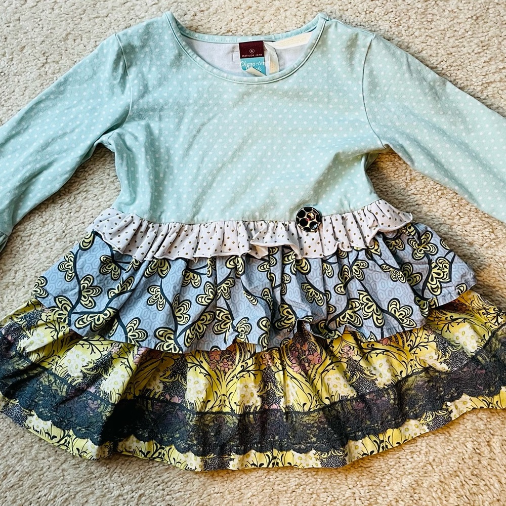 Matilda Jane blue, green, floral, & polka dot layered ruffle peplum top